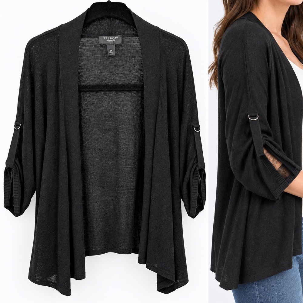 Talbots EASE + AIR Cardigan Womens 2X Black Open Front Roll Tab Sleeve Plus